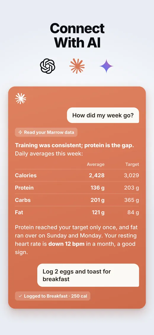 An AI assistant summarizing a week of Marrow data and logging breakfast