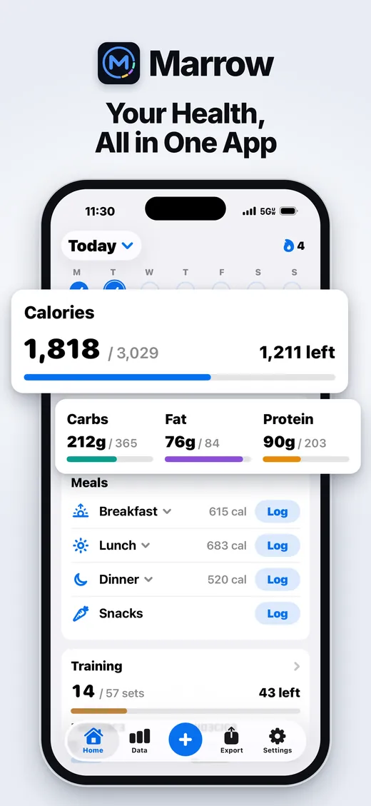 Marrow home screen: calories, macros, meals and training in one view