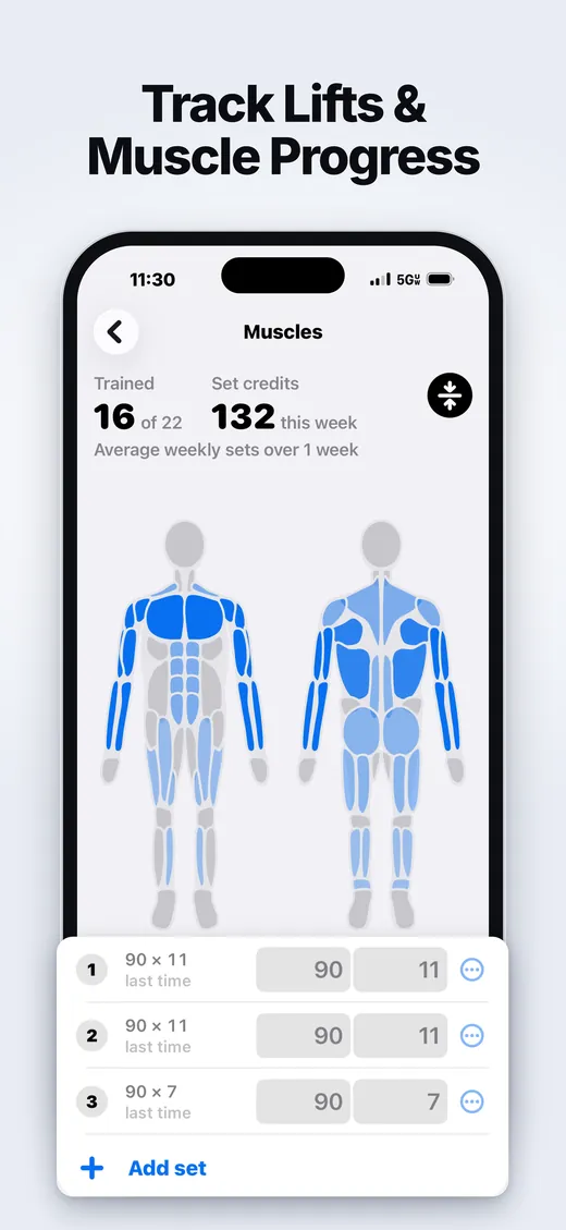 Strength tracking with a muscle map and set-by-set logging