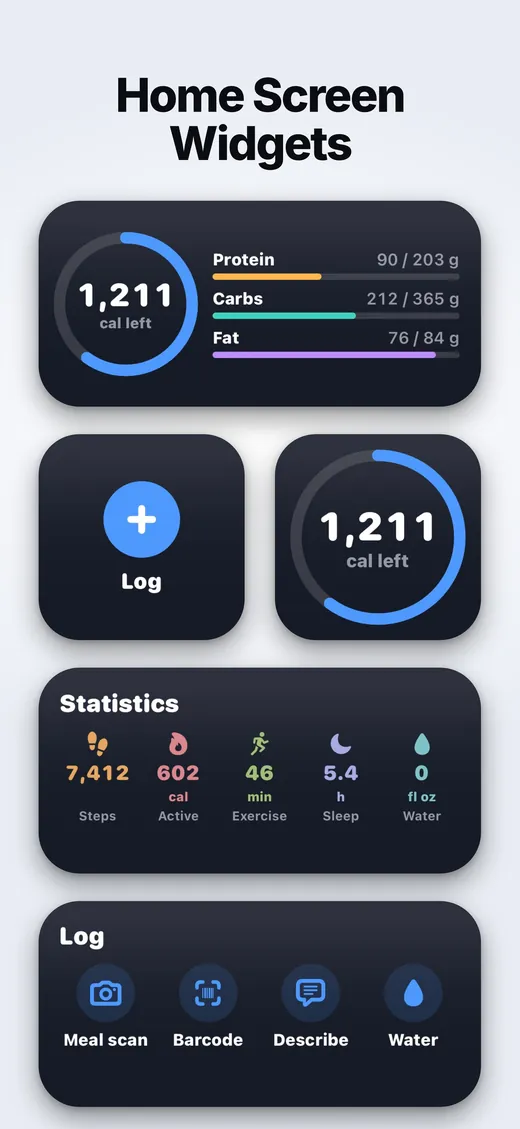 Home Screen widgets for calories, macros and quick logging